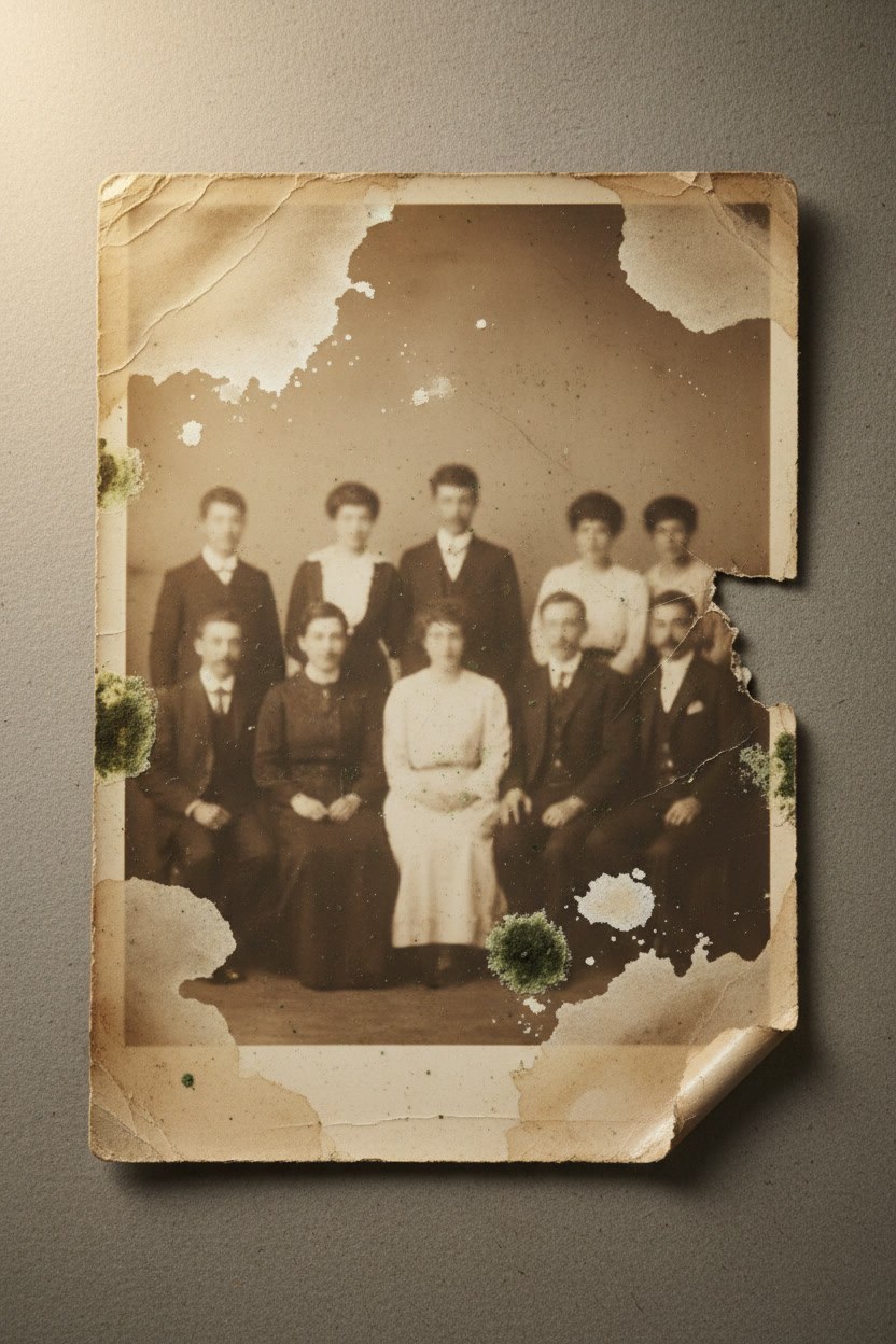 Su lekeli eski bir grup fotoğrafının öncesi